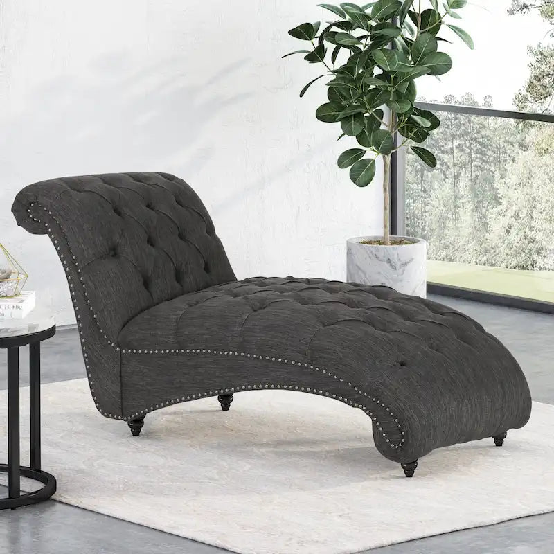 Charcoal/Beige Button Tufted Chaise Lounge Chair, Curved, Birch Legs, Single