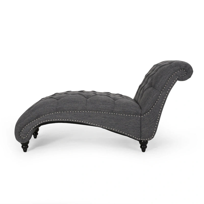 Charcoal/Beige Button Tufted Chaise Lounge Chair, Curved, Birch Legs, Single