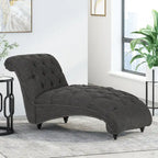 Charcoal/Beige Button Tufted Chaise Lounge Chair, Curved, Birch Legs, Single