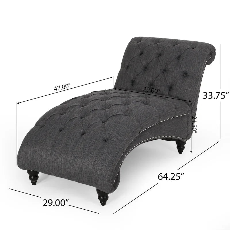 Charcoal/Beige Button Tufted Chaise Lounge Chair, Curved, Birch Legs, Single