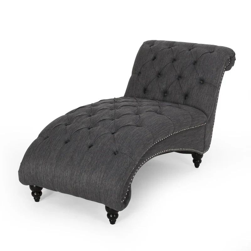 Charcoal/Beige Button Tufted Chaise Lounge Chair, Curved, Birch Legs, Single