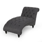 Charcoal/Beige Button Tufted Chaise Lounge Chair, Curved, Birch Legs, Single