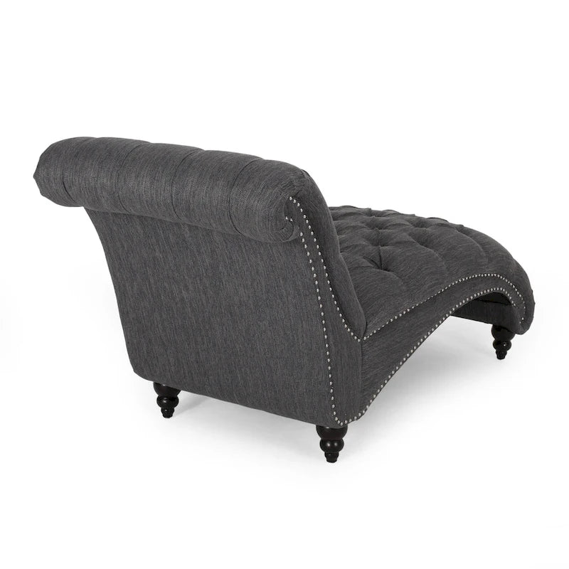 Charcoal/Beige Button Tufted Chaise Lounge Chair, Curved, Birch Legs, Single