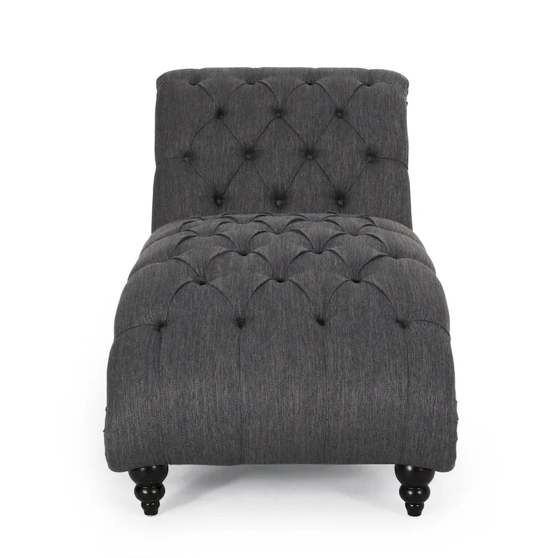 Charcoal/Beige Button Tufted Chaise Lounge Chair, Curved, Birch Legs, Single