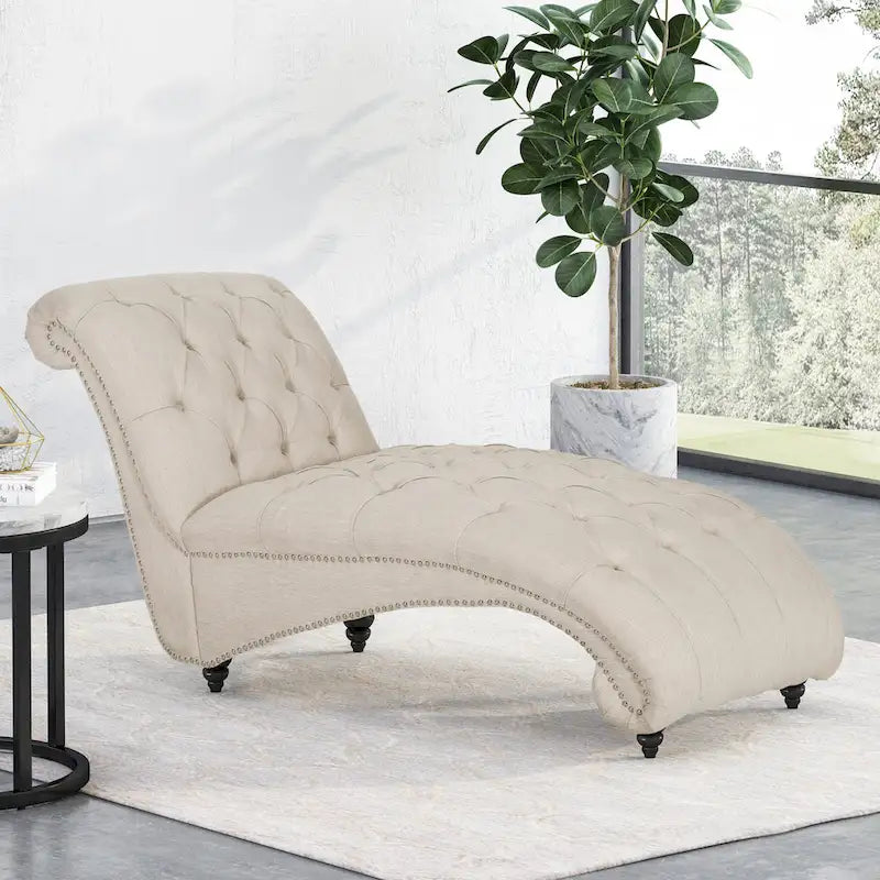 Charcoal/Beige Button Tufted Chaise Lounge Chair, Curved, Birch Legs, Single