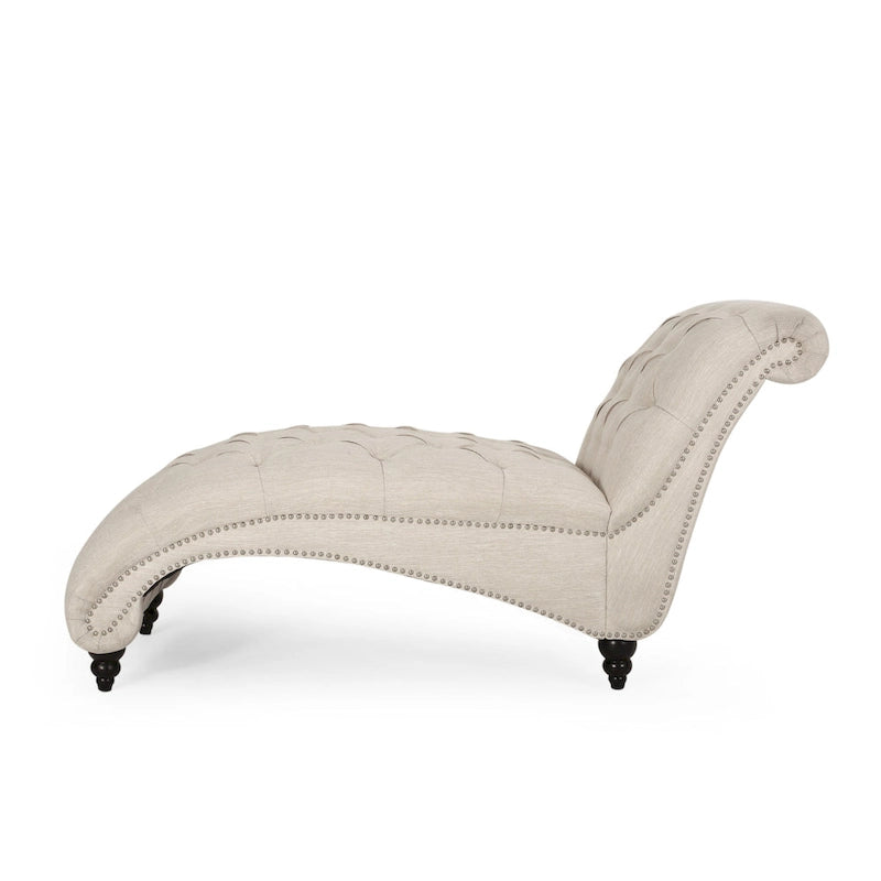 Charcoal/Beige Button Tufted Chaise Lounge Chair, Curved, Birch Legs, Single