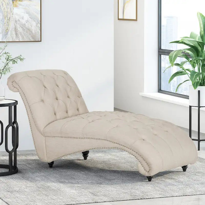 Charcoal/Beige Button Tufted Chaise Lounge Chair, Curved, Birch Legs, Single