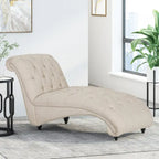 Charcoal/Beige Button Tufted Chaise Lounge Chair, Curved, Birch Legs, Single