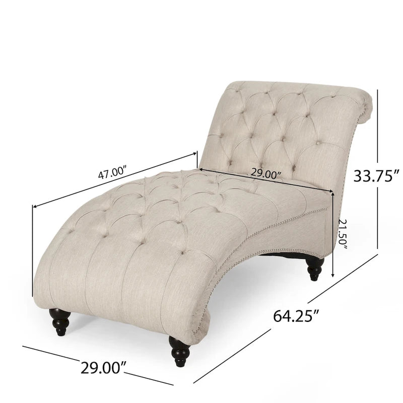 Charcoal/Beige Button Tufted Chaise Lounge Chair, Curved, Birch Legs, Single