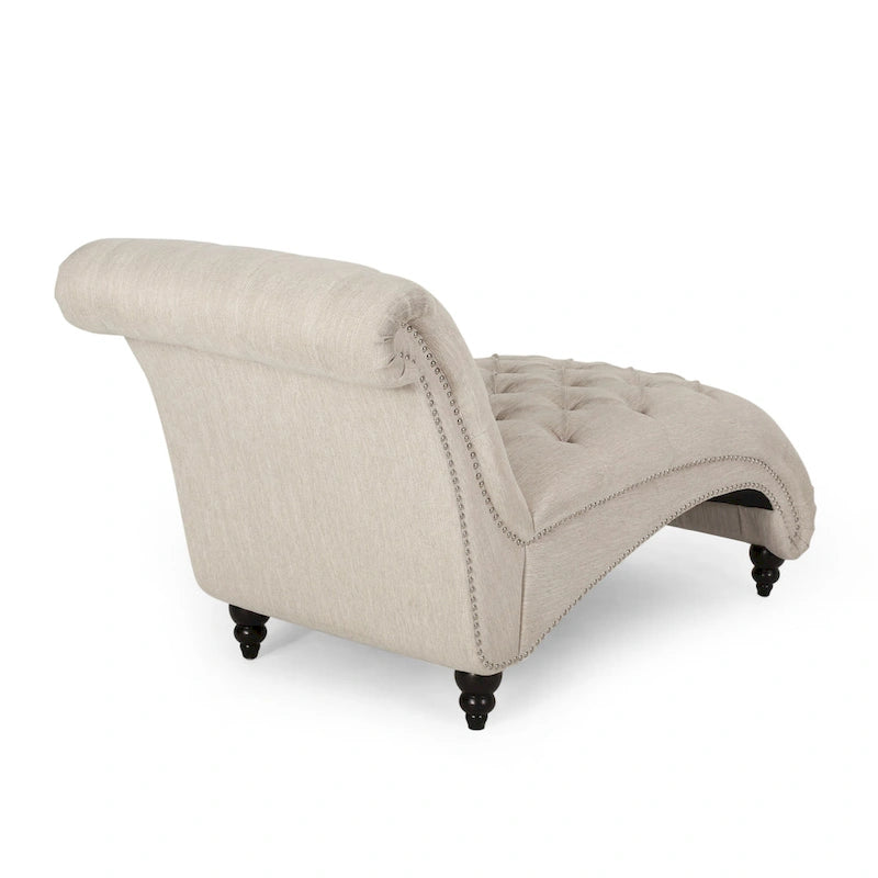 Charcoal/Beige Button Tufted Chaise Lounge Chair, Curved, Birch Legs, Single