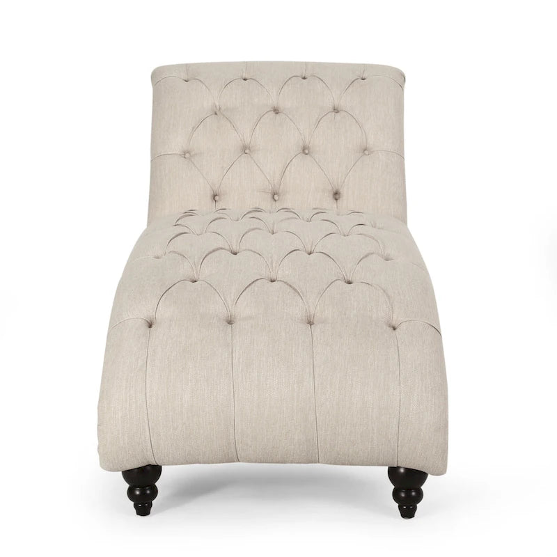 Charcoal/Beige Button Tufted Chaise Lounge Chair, Curved, Birch Legs, Single