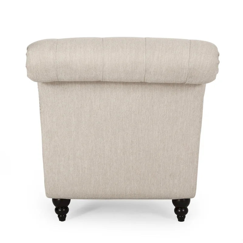 Charcoal/Beige Button Tufted Chaise Lounge Chair, Curved, Birch Legs, Single