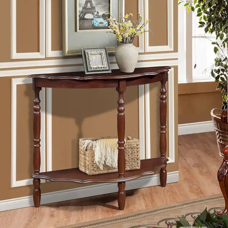 Light Espresso Half-Moon Console Table with Open Shelf, 1-Person