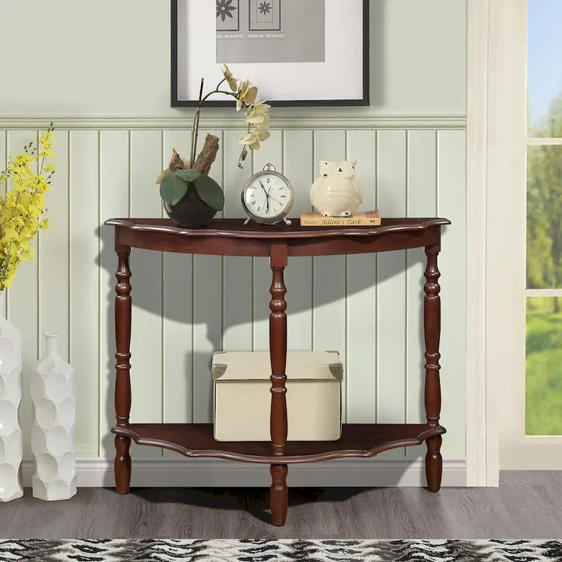 Light Espresso Half-Moon Console Table with Open Shelf, 1-Person