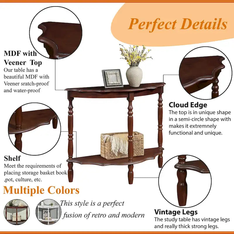 Light Espresso Half-Moon Console Table with Open Shelf, 1-Person