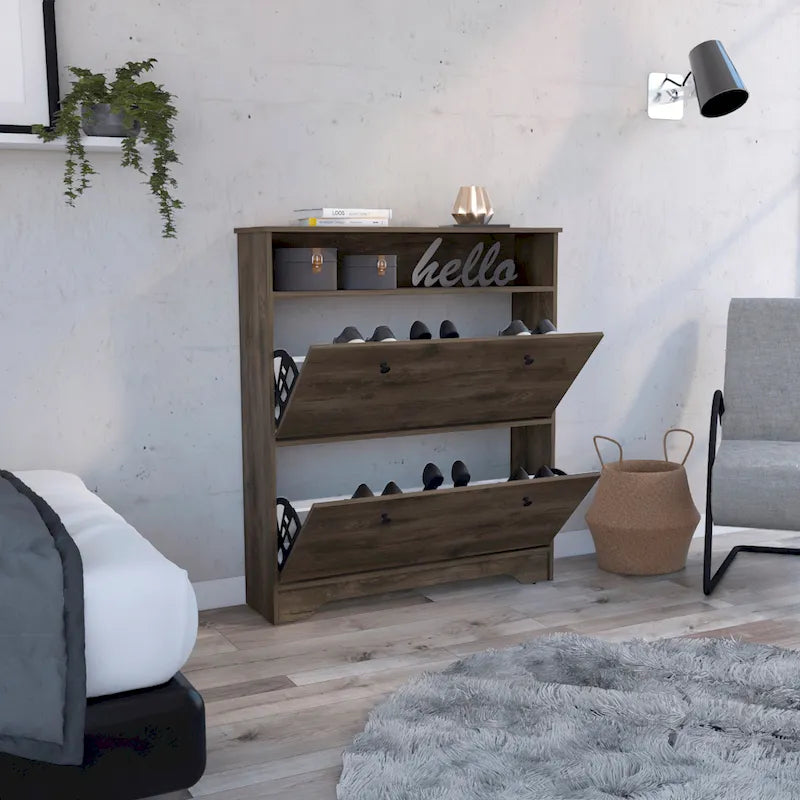 Dark Brown Shoe Rack with Open Shelf & 2 Drawers – Single Use