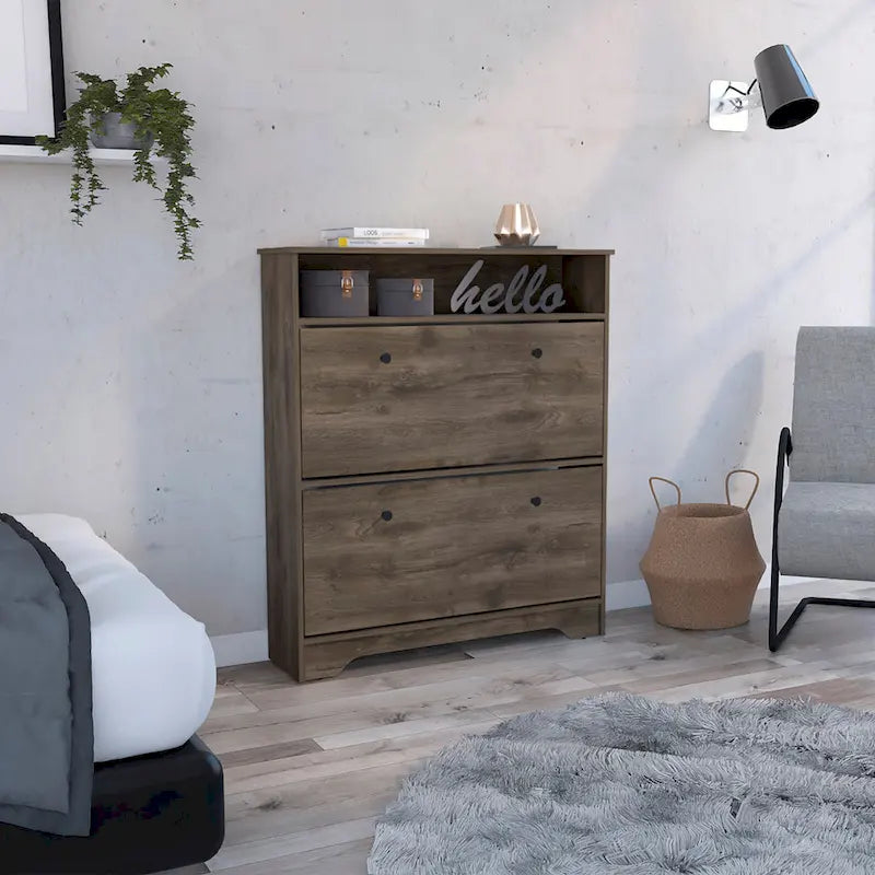 Dark Brown Shoe Rack with Open Shelf & 2 Drawers – Single Use