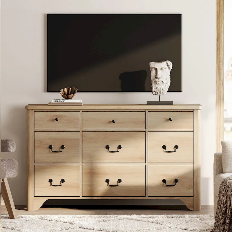 White / Oak 9-Drawer Farmhouse Dresser – Wide Curved Style, 1-Person