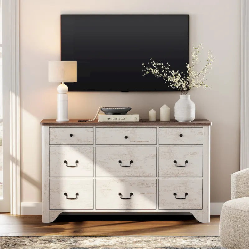 White / Oak 9-Drawer Farmhouse Dresser – Wide Curved Style, 1-Person