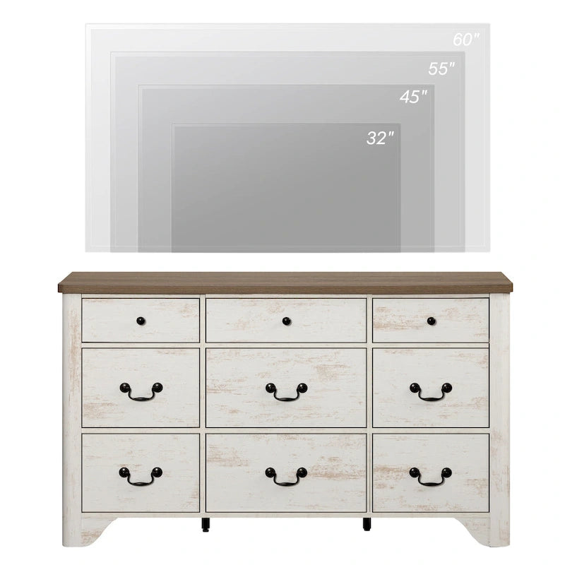 White / Oak 9-Drawer Farmhouse Dresser – Wide Curved Style, 1-Person