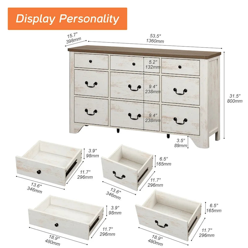 White / Oak 9-Drawer Farmhouse Dresser – Wide Curved Style, 1-Person