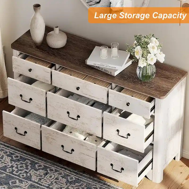 White / Oak 9-Drawer Farmhouse Dresser – Wide Curved Style, 1-Person
