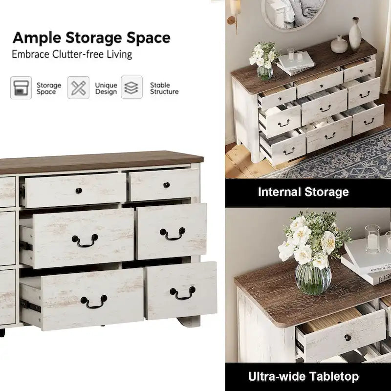 White / Oak 9-Drawer Farmhouse Dresser – Wide Curved Style, 1-Person
