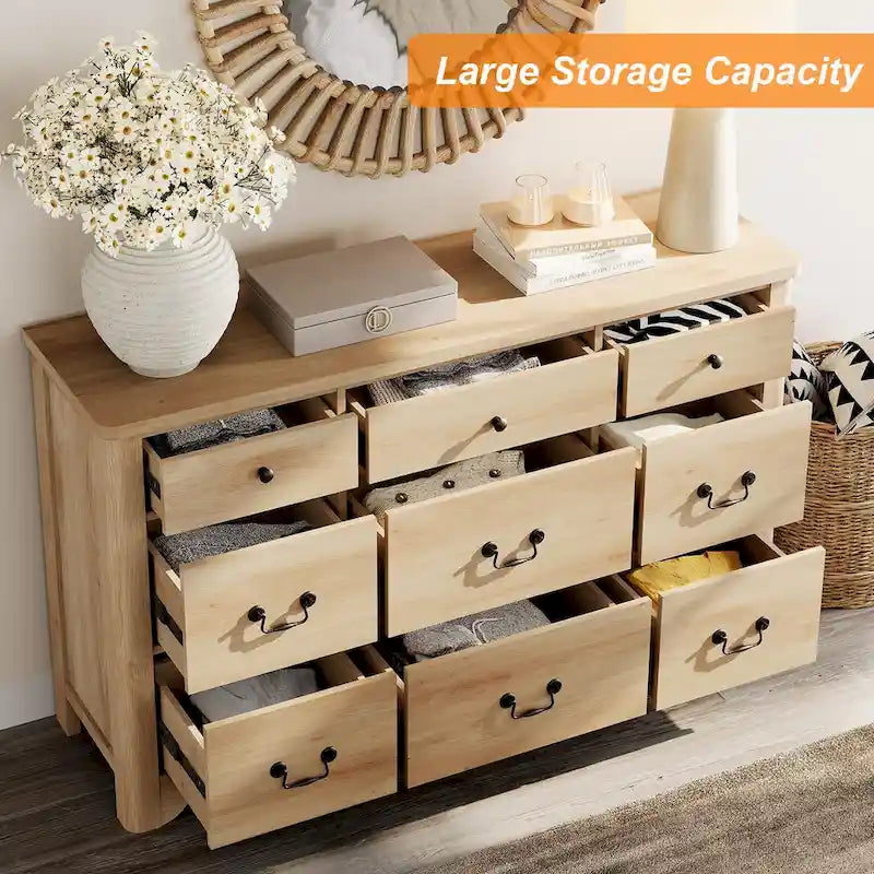 White / Oak 9-Drawer Farmhouse Dresser – Wide Curved Style, 1-Person