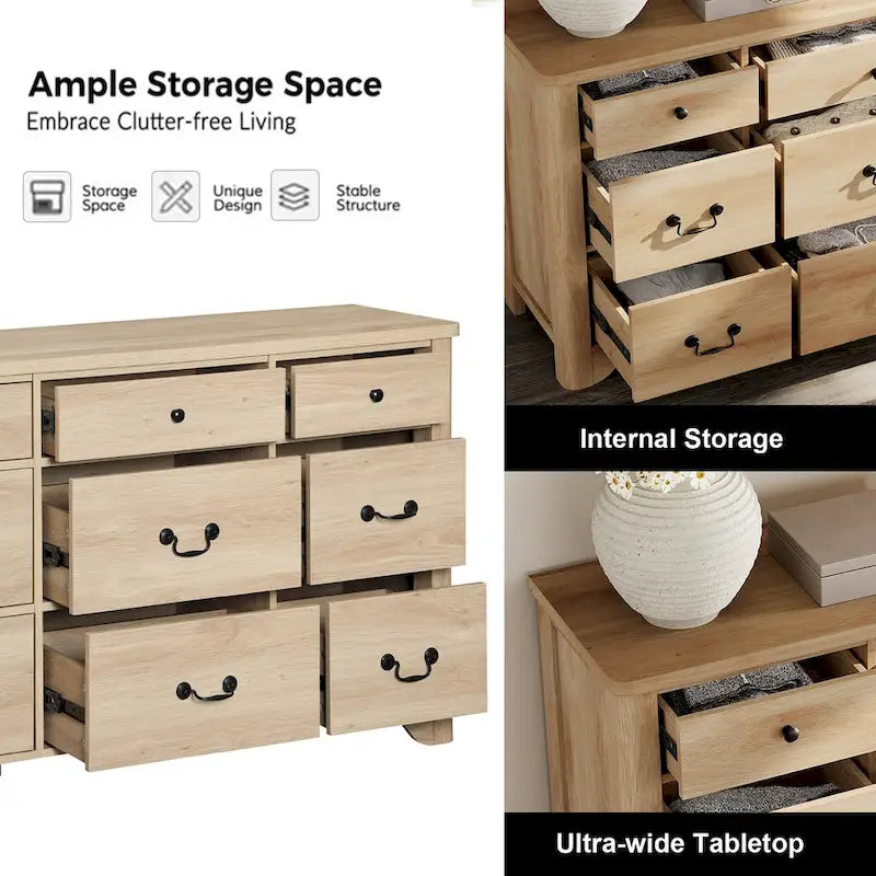 White / Oak 9-Drawer Farmhouse Dresser – Wide Curved Style, 1-Person