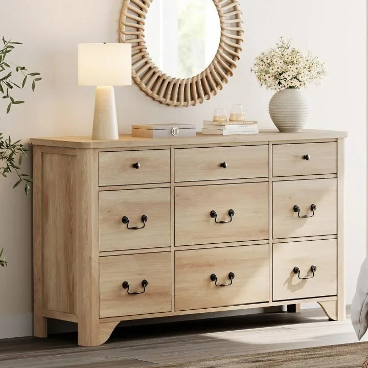 White / Oak 9-Drawer Farmhouse Dresser – Wide Curved Style, 1-Person