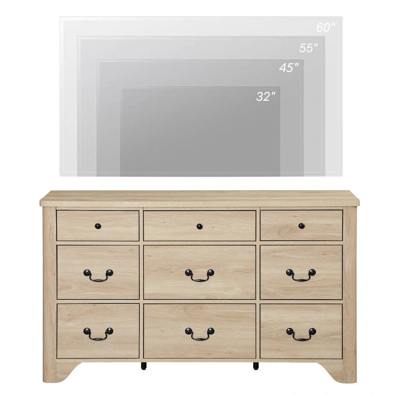 White / Oak 9-Drawer Farmhouse Dresser – Wide Curved Style, 1-Person
