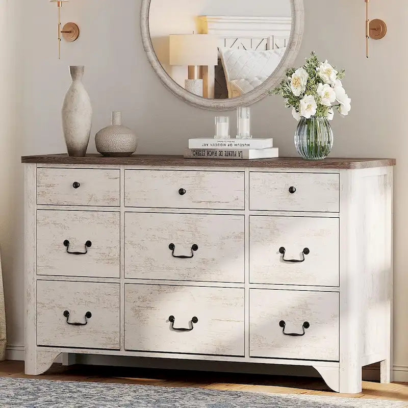 White / Oak 9-Drawer Farmhouse Dresser – Wide Curved Style, 1-Person