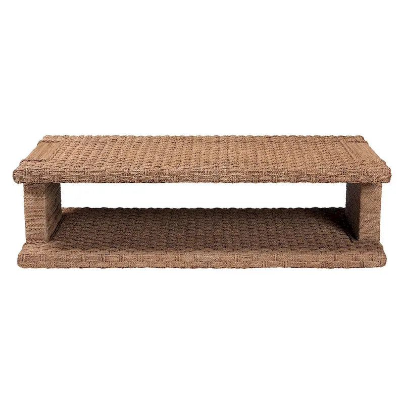 Light Brown Handwoven Seagrass Coffee Table with Open Shelf, Rectangular, 1-Person Use