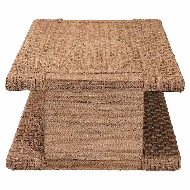 Light Brown Handwoven Seagrass Coffee Table with Open Shelf, Rectangular, 1-Person Use