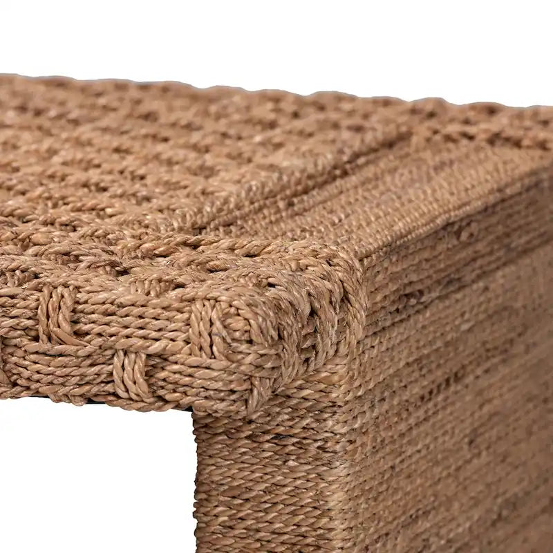 Light Brown Handwoven Seagrass Coffee Table with Open Shelf, Rectangular, 1-Person Use