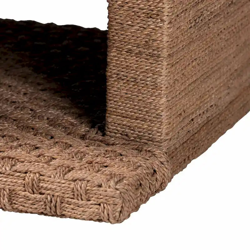 Light Brown Handwoven Seagrass Coffee Table with Open Shelf, Rectangular, 1-Person Use