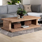 Light Brown Handwoven Seagrass Coffee Table with Open Shelf, Rectangular, 1-Person Use