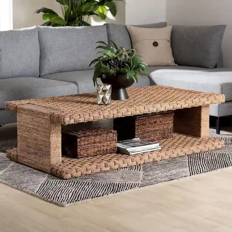 Light Brown Handwoven Seagrass Coffee Table with Open Shelf, Rectangular, 1-Person Use