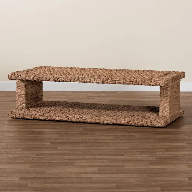 Light Brown Handwoven Seagrass Coffee Table with Open Shelf, Rectangular, 1-Person Use
