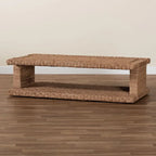 Light Brown Handwoven Seagrass Coffee Table with Open Shelf, Rectangular, 1-Person Use