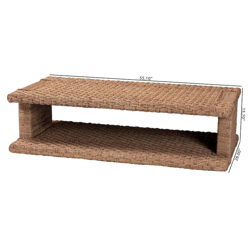Light Brown Handwoven Seagrass Coffee Table with Open Shelf, Rectangular, 1-Person Use