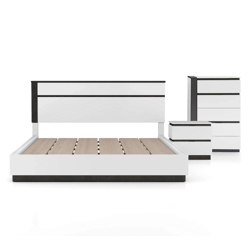 White & Gray 3-Piece Bedroom Set (Bed + Nightstand + Chest) – Queen/King