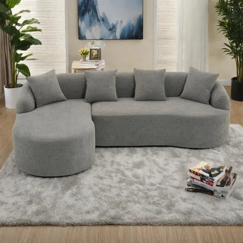 Chenille L-Shaped 3-Seater Sofa with Chaise Lounge & 4 Pillows | Multi-Color