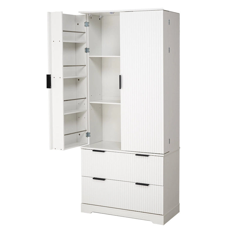 Black/White Farmhouse Style Freestanding Storage Cabinet with 2 Drawers, 8-Door Rack & 3 Shelves, for 1