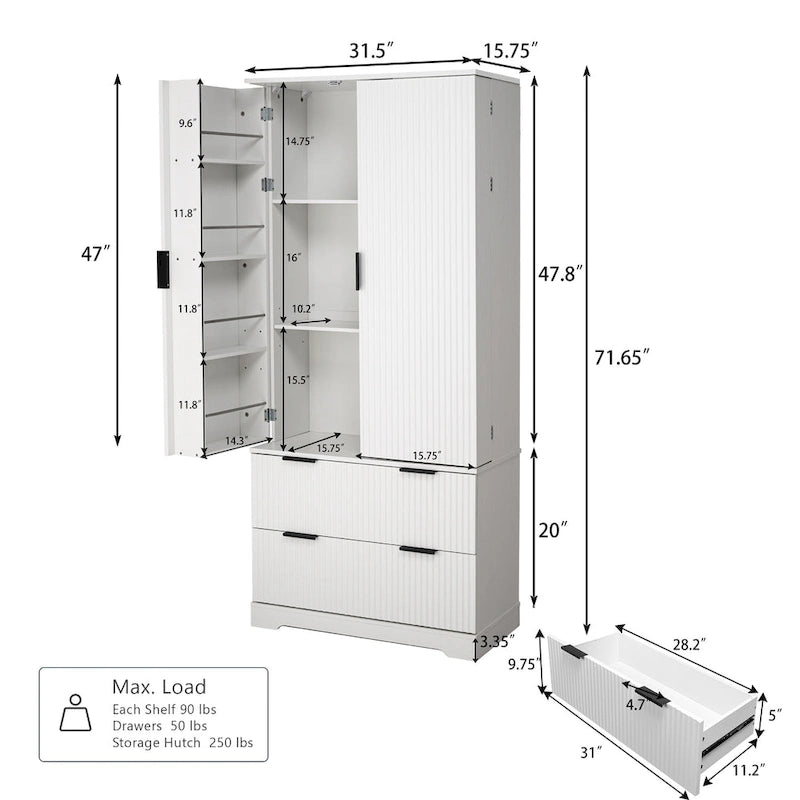 Black/White Farmhouse Style Freestanding Storage Cabinet with 2 Drawers, 8-Door Rack & 3 Shelves, for 1