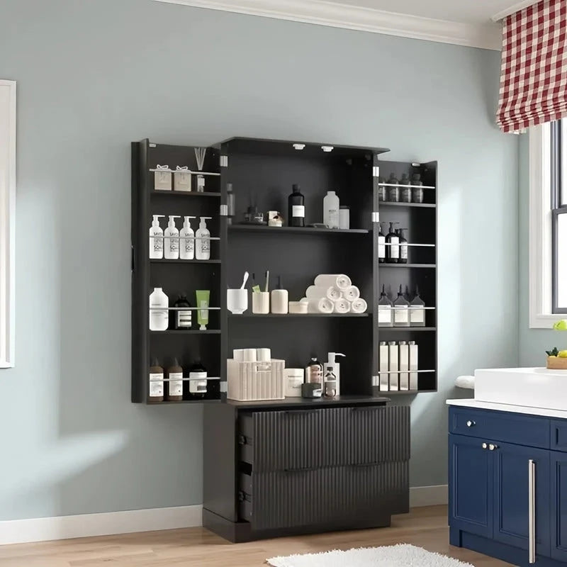 Black/White Farmhouse Style Freestanding Storage Cabinet with 2 Drawers, 8-Door Rack & 3 Shelves, for 1