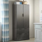 Black/White Farmhouse Style Freestanding Storage Cabinet with 2 Drawers, 8-Door Rack & 3 Shelves, for 1