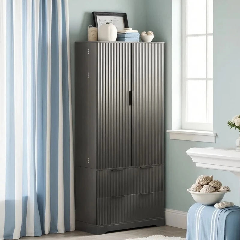 Black/White Farmhouse Style Freestanding Storage Cabinet with 2 Drawers, 8-Door Rack & 3 Shelves, for 1