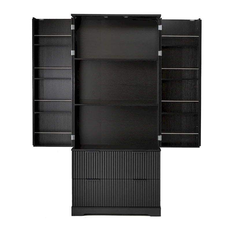 Black/White Farmhouse Style Freestanding Storage Cabinet with 2 Drawers, 8-Door Rack & 3 Shelves, for 1