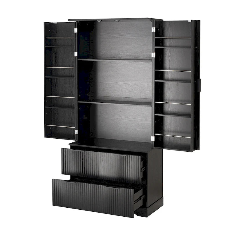 Black/White Farmhouse Style Freestanding Storage Cabinet with 2 Drawers, 8-Door Rack & 3 Shelves, for 1